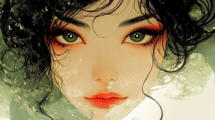 Close-up portrait of a woman with expressive eyes and elegant hair