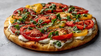 Tasty caprese pizza with tomatoes, mozzarella, and basil on a light gray surface