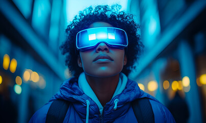 Young Woman Wearing Futuristic Blue VR Goggles in a City at Night