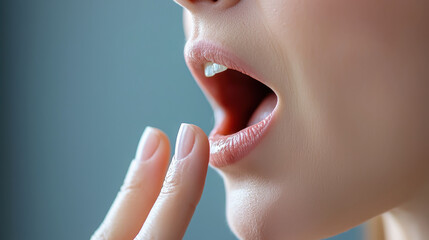 Close up of woman mouth demonstrating speech articulation, showcasing lips and hand gesture in soft light