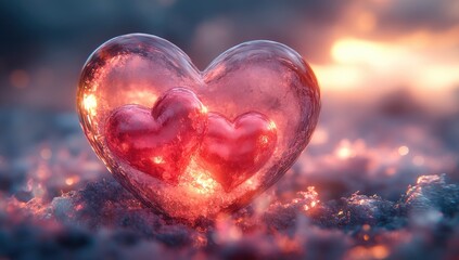 Two hearts nestled within a frozen heart, bathed in warm light, on a bed of snow