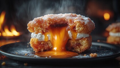 A delectable, steaming pastry sandwich overflowing with dessert filling.