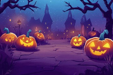 Fototapeta premium Charming Halloween pumpkins illuminating a spooky pathway at night, halloween scene with pumpkins, seamless ing Photo background, cartoon anime style