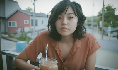Young Woman with Short Brown Hair Enjoying a Smoothie on a Balcony