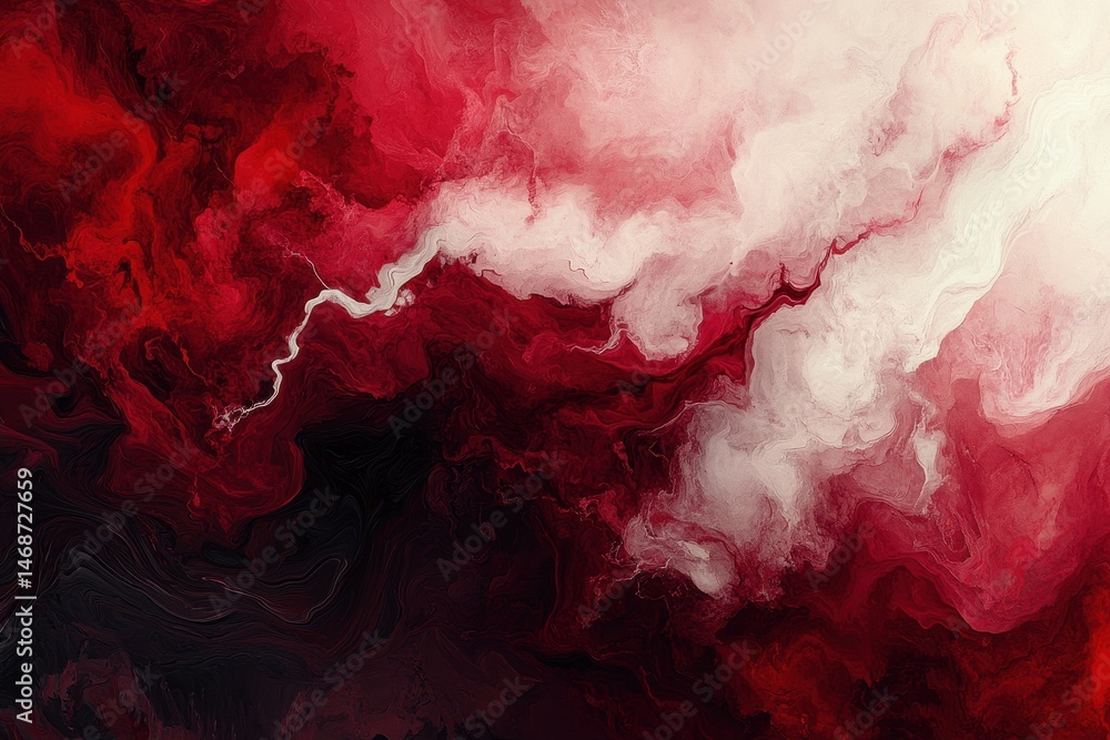 Poster swirling dark red and soft white abstract composition with vibrant contrasts and fluid patterns, abs