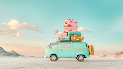 Obraz premium Stylized luggage stacks on a pastel van roof in a geometric desert scene with gentle textures and warm hues