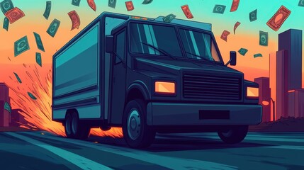 An armored truck speeds through a city at sunset as money flies through the air, creating a dramatic and dynamic scene.
