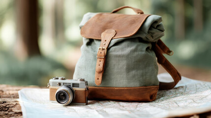 Stylish backpack and vintage camera on map, perfect for adventure seekers