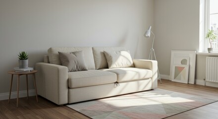 Bright living room with sofa pillows rug table lamp and plant near window.