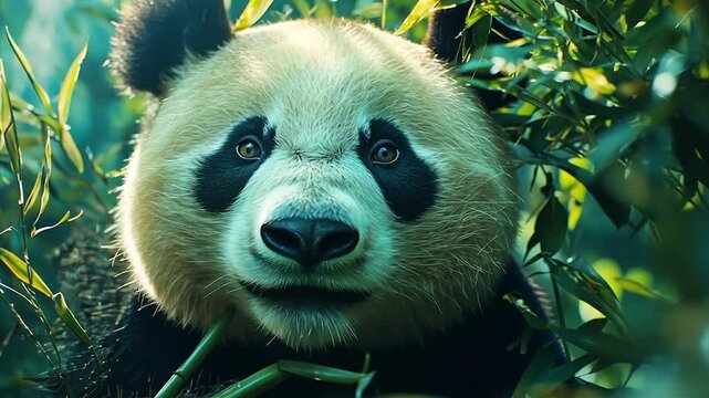 Close-up of a giant panda amidst lush bamboo