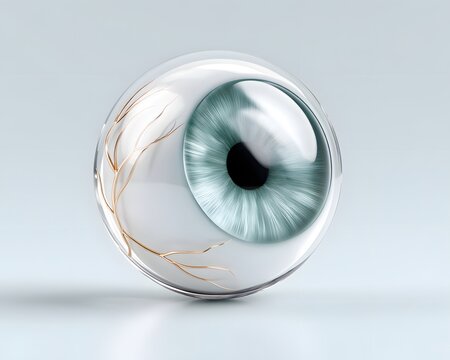 Transparent 3D eye globe with clear sinus and optic nerve pathways, ultra-detailed lighting on smooth glass surface, no watermark or base, high-definition medical artistry, with ample copyspace