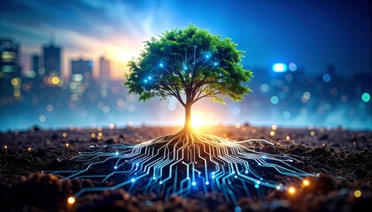 Conceptual image of a digital tree with glowing roots and circuit patterns symbolizes technology and nature integration for sustainable future