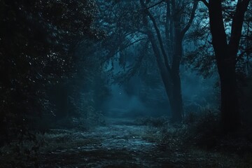 Fototapeta premium Dark and haunted forest at midnight reveals shadows and mysteries lurking in the silent night, Dark and haunted forest at midnight, Seamless ing Photo background