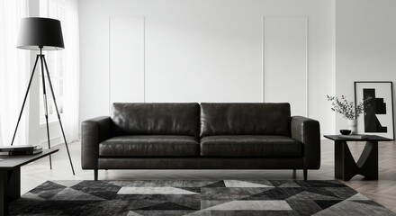 Dark sofa with lamp and table in a bright modern interior setting.