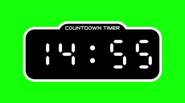 Countdown timer from 15 minute to 14 minute with digital display and green screen background suitable for technology, business, productivity, presentations, websites, and social media