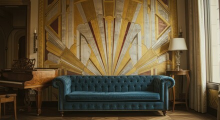 Blue sofa in a room with art deco style wall and side tables.