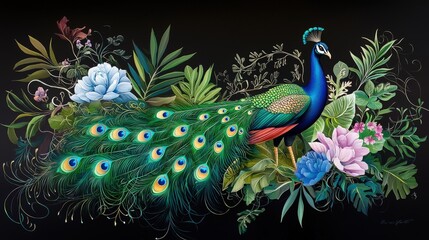 Fototapeta premium Vibrant greens and blues glow as the peacock turns gracefully, commanding the spotlight