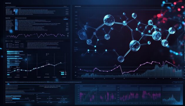 Abstract Dark Blue Data Science Screen Displaying Molecular Structure and Charts for Hi Tech Analysis and Futuristic Visualization