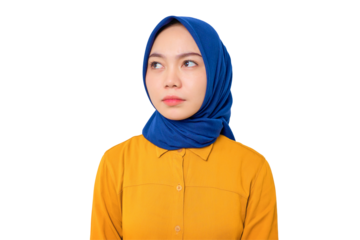 Sad young Asian Muslim woman dressed in orange shirt looking away with dissatisfied sadness face isolated on transparent background