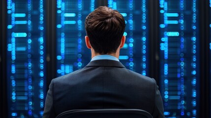 A man in a suit sits facing illuminated data servers, suggesting high-tech data analysis or cybersecurity monitoring.