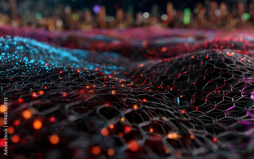 Poster digital mesh of hexagons with glowing dots on dark background
