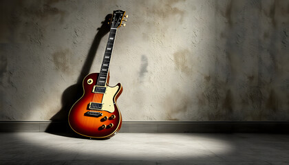 a image of a guitar leaning against a wall with a grunge background , with white tonespng