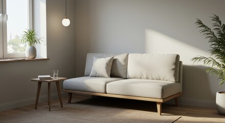 Interior scene with sofa pillows plant light table and window in natural light.