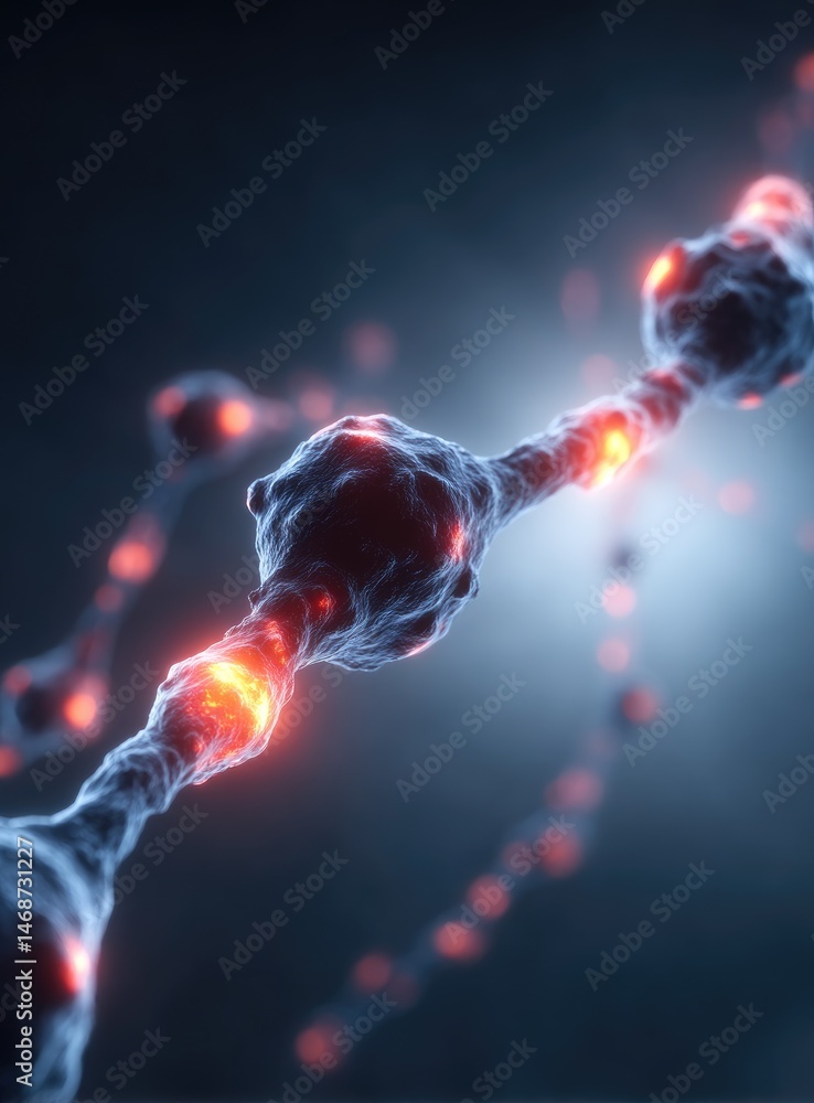 Poster abstract neural synapse microscopic view glowing red energy