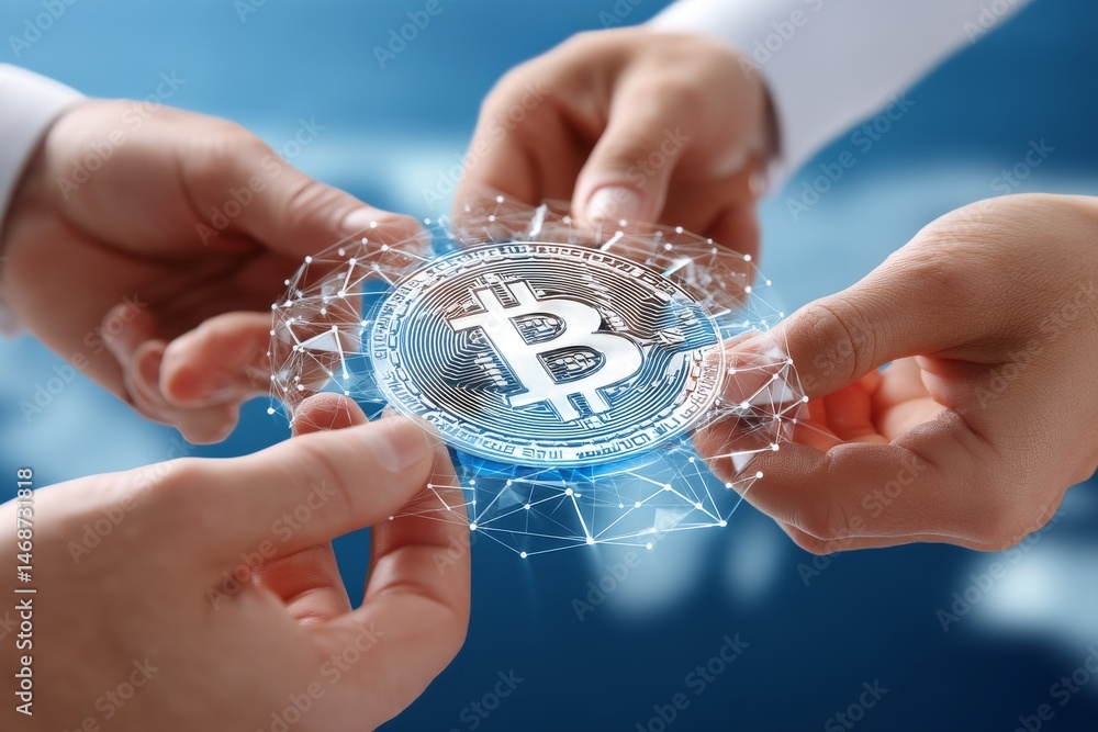 Poster three hands touching hologram with bitcoin symbol and polygonal network grid