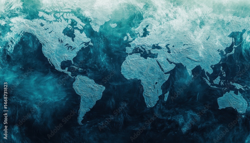 Poster abstract world map depicting continents in shades of turquoise and white on a textured blue backgrou