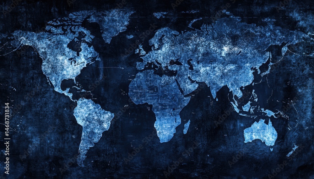 Poster Abstract World Map Design in Dark Blue Tones Featuring Detailed Textures of Continents Oceans and Artistic Retro Background