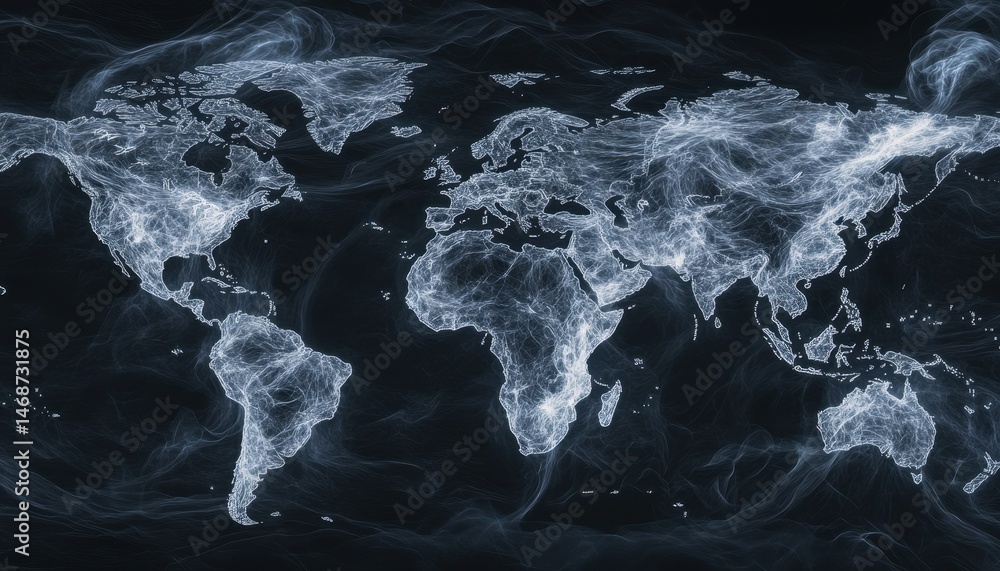 Poster Abstract World Map of Glowing Data Points on Dark Blue Background Representing Global Network Connections and Digital Communication Technologies