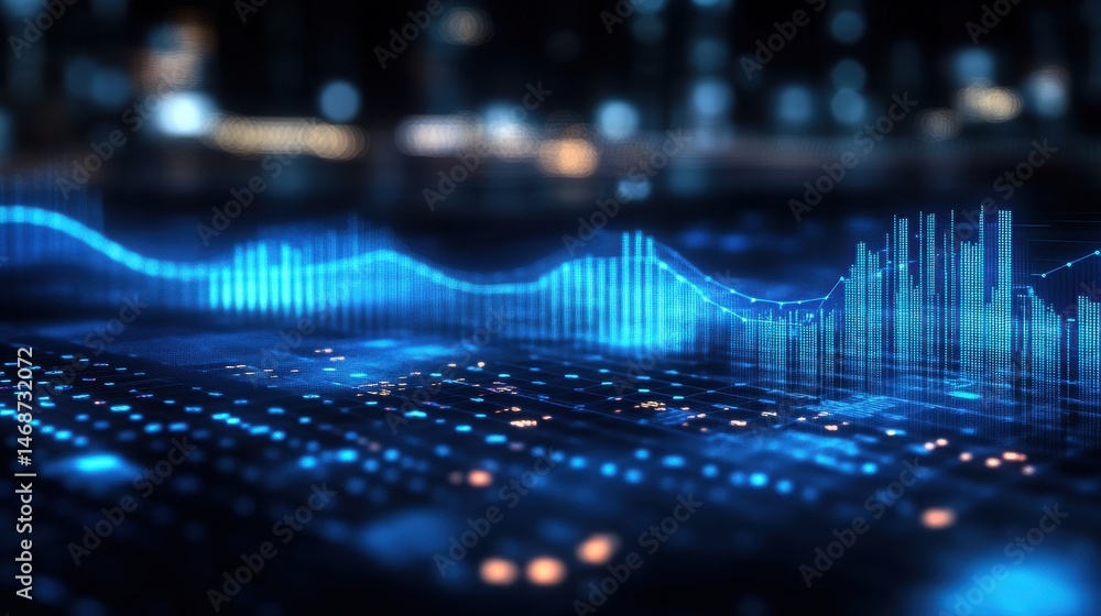 Aufkleber Blue Data Wave Visualization on Dark Background with Glowing Particles Modern Digital Network and Futuristic Technology Design Concept