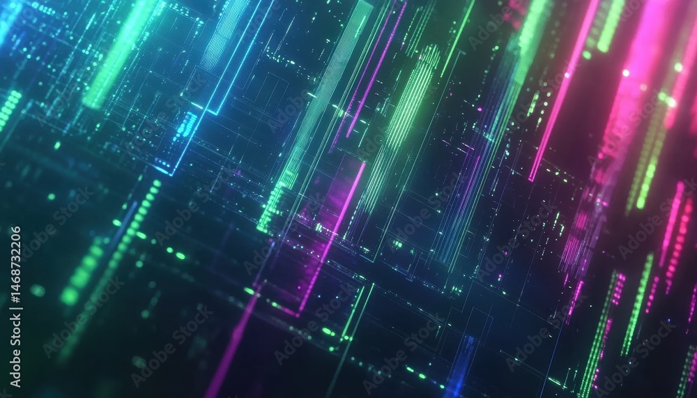Poster Colorful Abstract Digital Data Stream Background with Pink and Green Hues Futuristic Backdrop with Technological Elements and Dynamic Light Effects