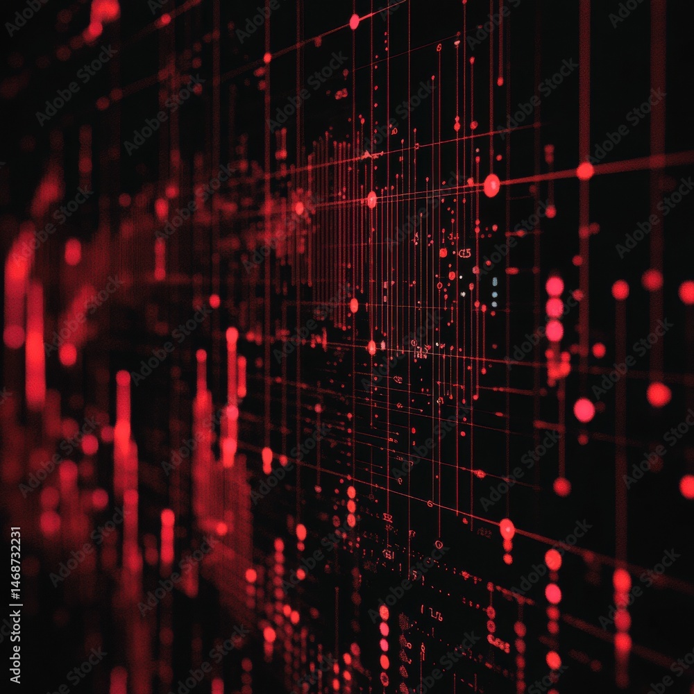 Poster Complex Abstract Red Grid with Glowing Elements on Black Background Futuristic Design Highlighting Digital Network and Artificial Intelligence and Advanced Technology