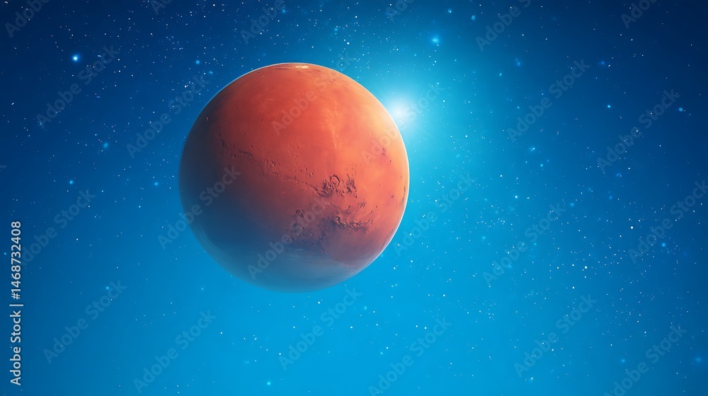 Poster the planet mars in red on a bright blue background with bright stars