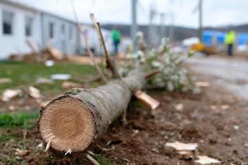 Obraz premium A fallen tree trunk rests on the muddy ground at a construction site, illustrating the interplay between nature and industrial development in an outdoor setting.