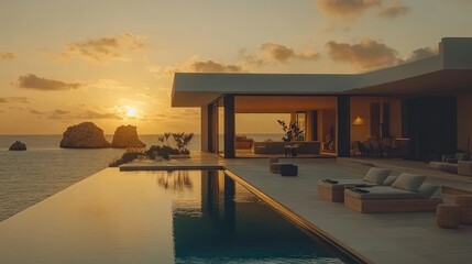 Fototapeta premium Coastal luxury home at sunset. Open-plan living, infinity pool, and stunning ocean views