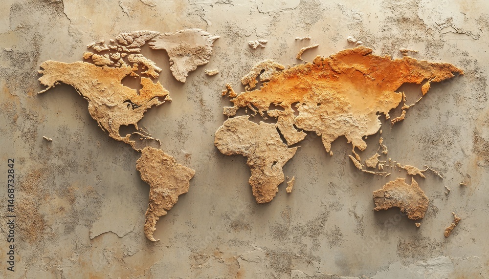 Poster Detailed Pixelated World Map on Textured Surface in Neutral Earth Tones Rendered with Emphasis on Topographical Relief and Geographic Structure