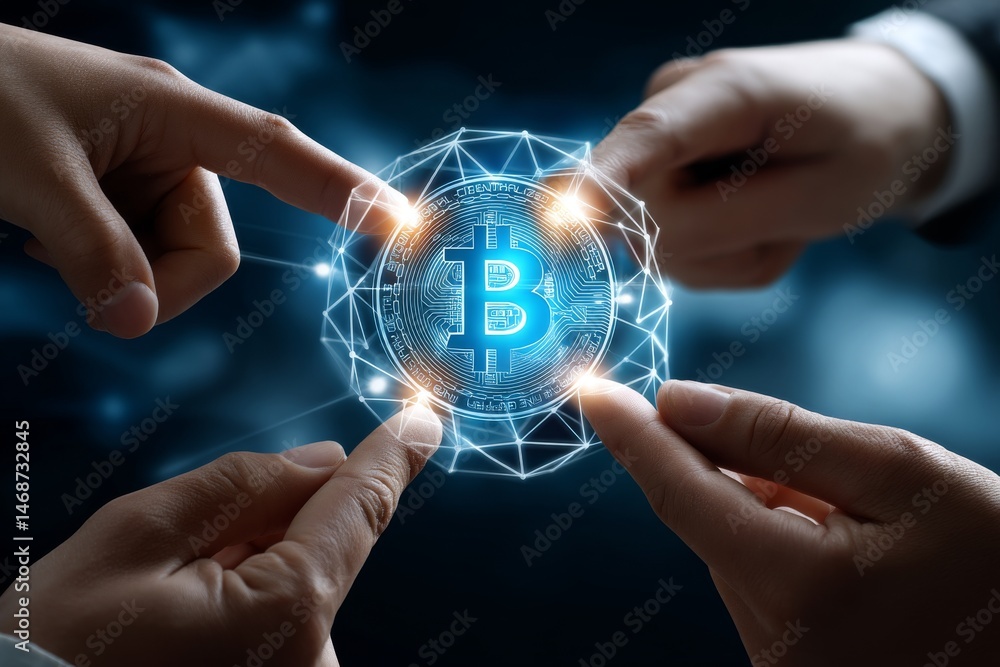 Poster three hands touching hologram with bitcoin symbol and polygonal network grid