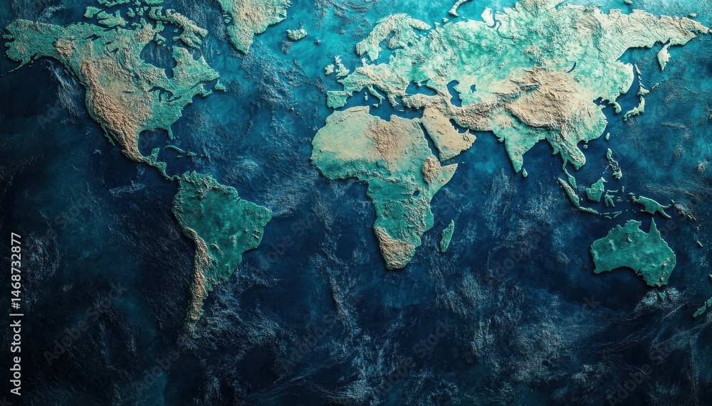 Poster detailed pixelated world map showing geographic relief and ocean depths in shades of teal and gold a