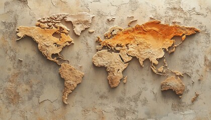 Detailed Pixelated World Map on Textured Surface in Neutral Earth Tones Rendered with Emphasis on Topographical Relief and Geographic Structure