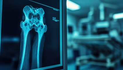 Detailed X Ray Scan of Human Leg Bones on a Digital Monitor in Blue Tones with Blurred Operating Room Background