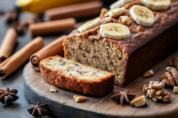 Banana Bread Loaf Topped with Slices, Cinnamon Sticks, Nuts, and Anise Stars