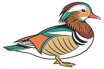 1 Mandarin duck, colorful plumage, detailed feathers, vibrant colors, orange beak, teal crest, white accent, brown body, intricate patterns, side view, realistic rendering, nature illustration, white 