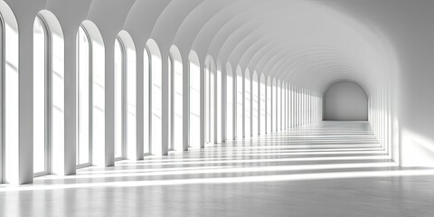 Obraz premium Empty, white hall with arched windows.