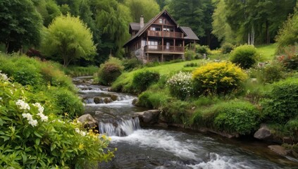 country side house, many footpaths with neat hedge flowers, small river, waterfall, forest background, high quality photo type