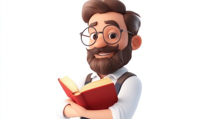 Smiling cartoon man reading book, white background, education