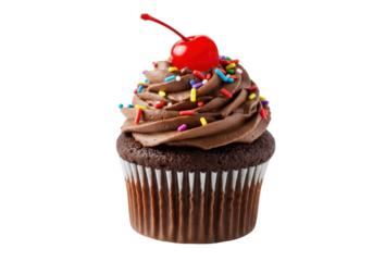 Delicious cupcake with sparklers and red maraschino cherry on top, isolated background