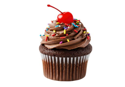 Delicious cupcake with sparklers and red maraschino cherry on top, isolated background